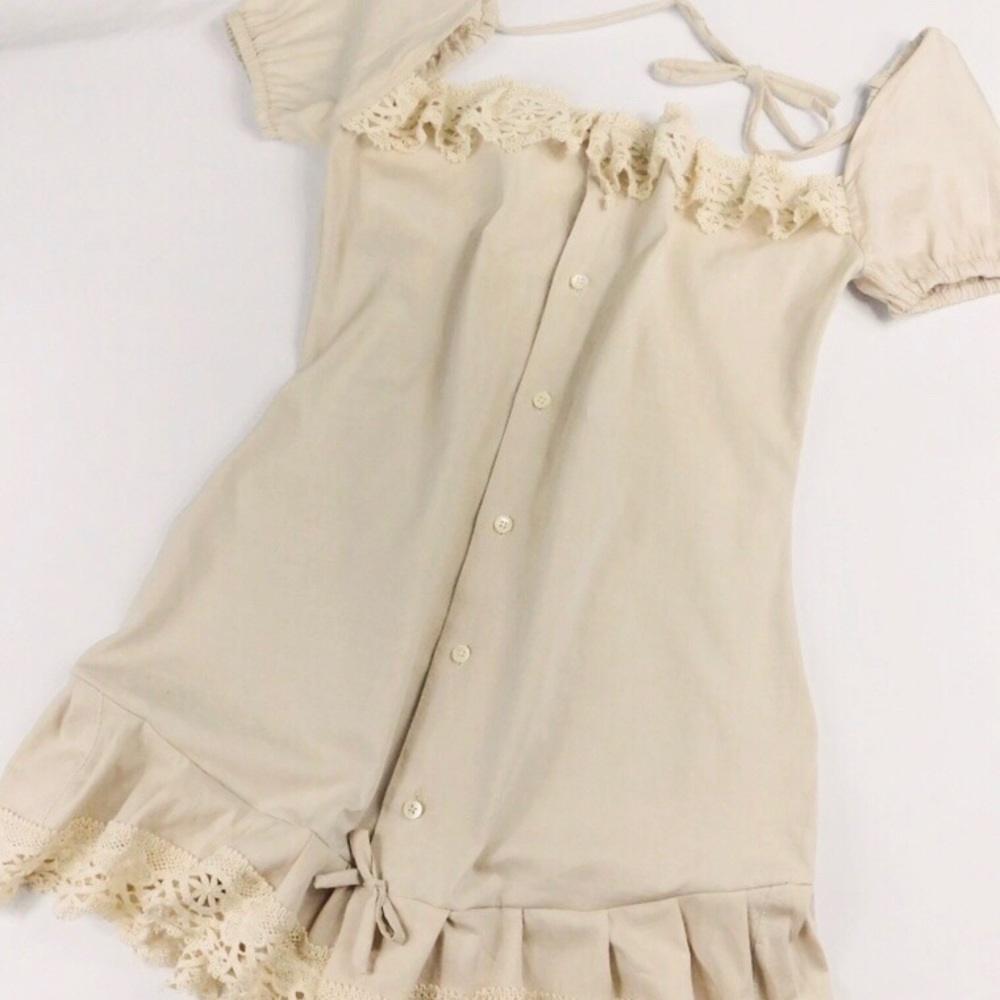 Beige Ruffle Dress with puff sleeves